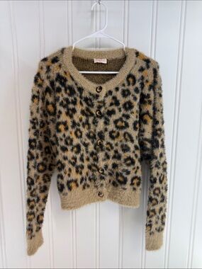 Fuzzy Leopard Print Button-Front Cardigan Sweater - Beige/Black